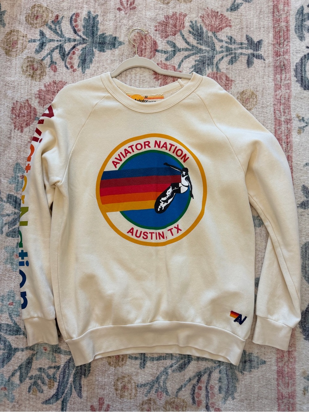 Aviator Nation Cream Crewneck with Rainbow Hummingbird Logo